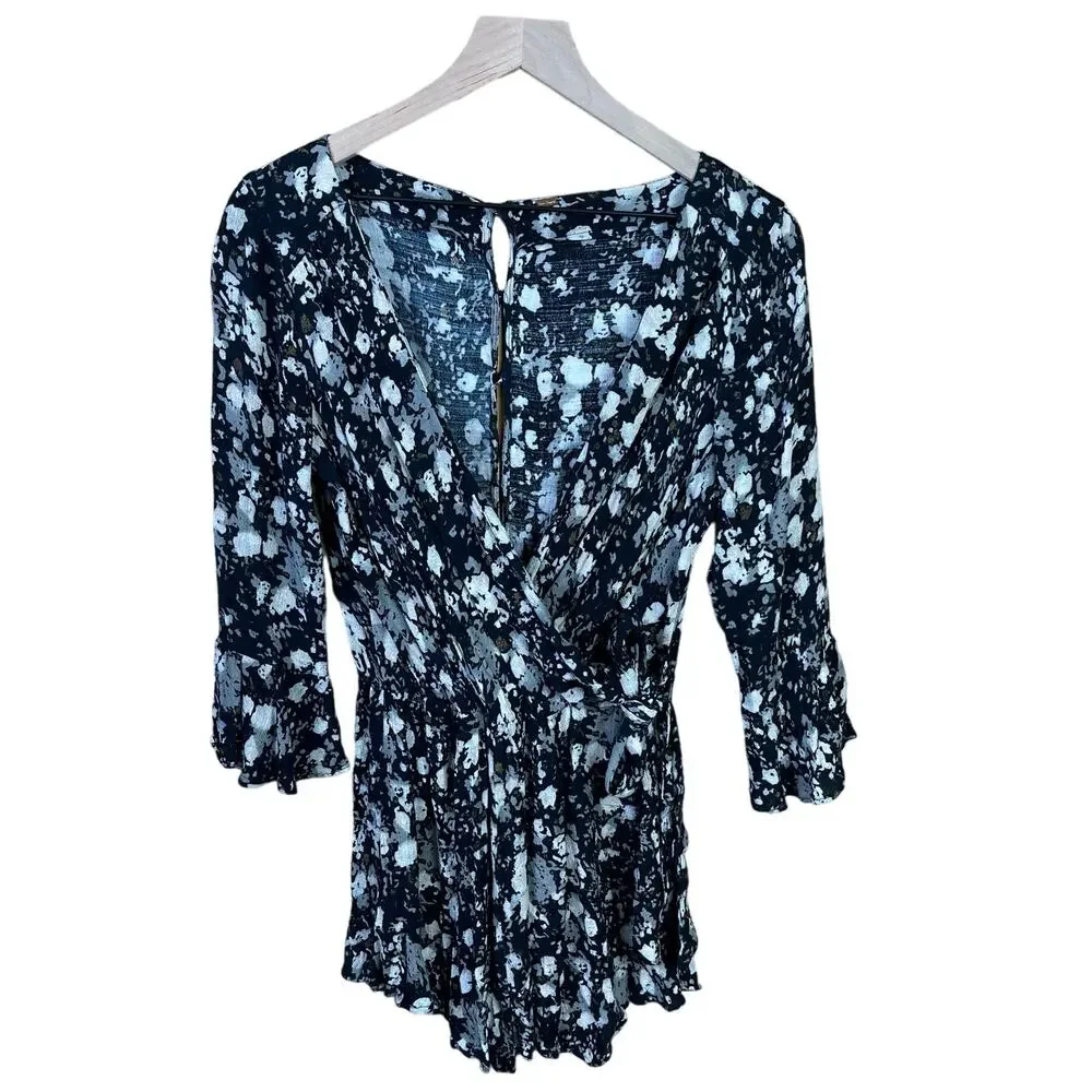 Free People Floral Romper Playsuit Black All the Right Ruffle Bell Sleeve - Picture 2 of 11